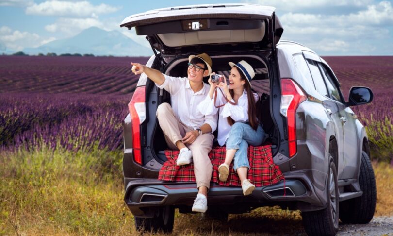 Couple driving through South of France