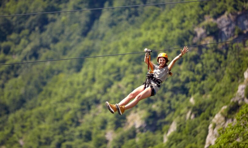 Woman zip-lining