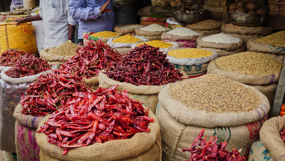 Sacks of food and spices at an Indian spice market, Old Delhi