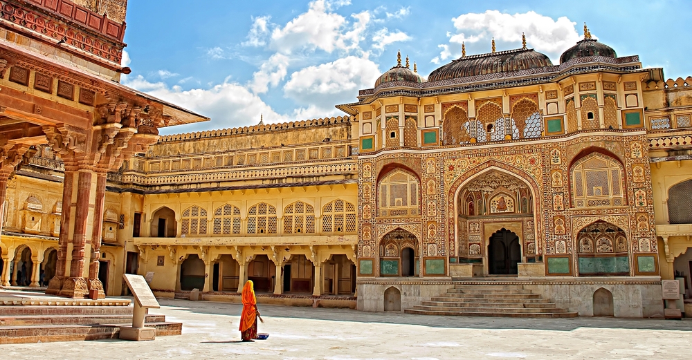Amazing view of decorated gateway at Amber Fort, Jaipur, India. Artistic photo. Beautiful world.